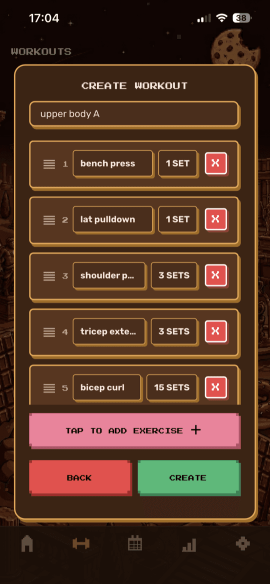 Create a workout — main screen