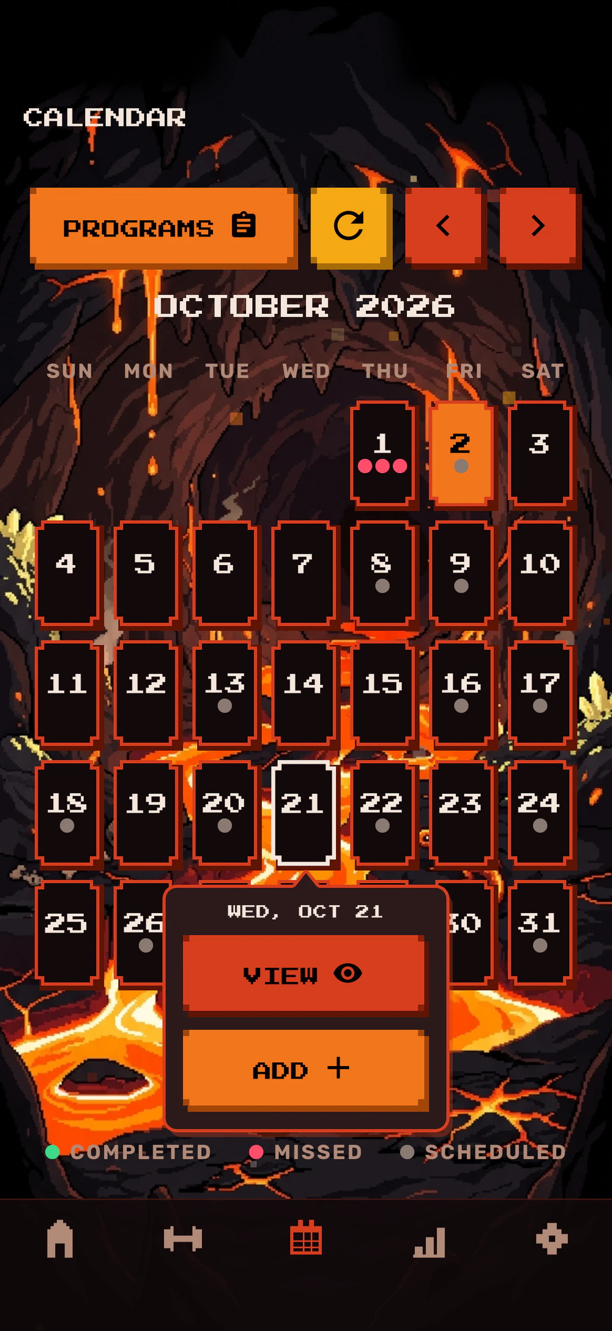 RAAV calendar showing the month's planned workouts
