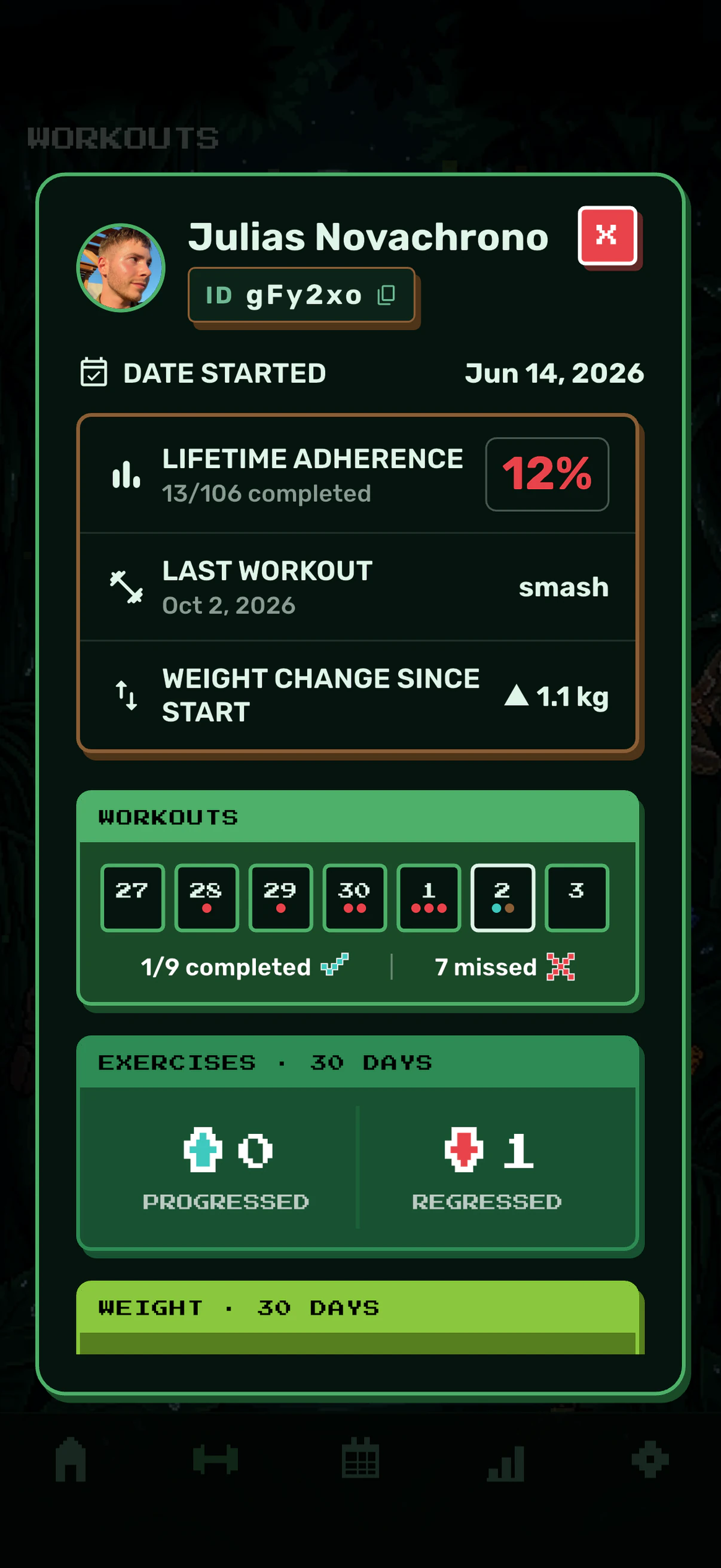 RAAV coach view showing an athlete's stats and adherence
