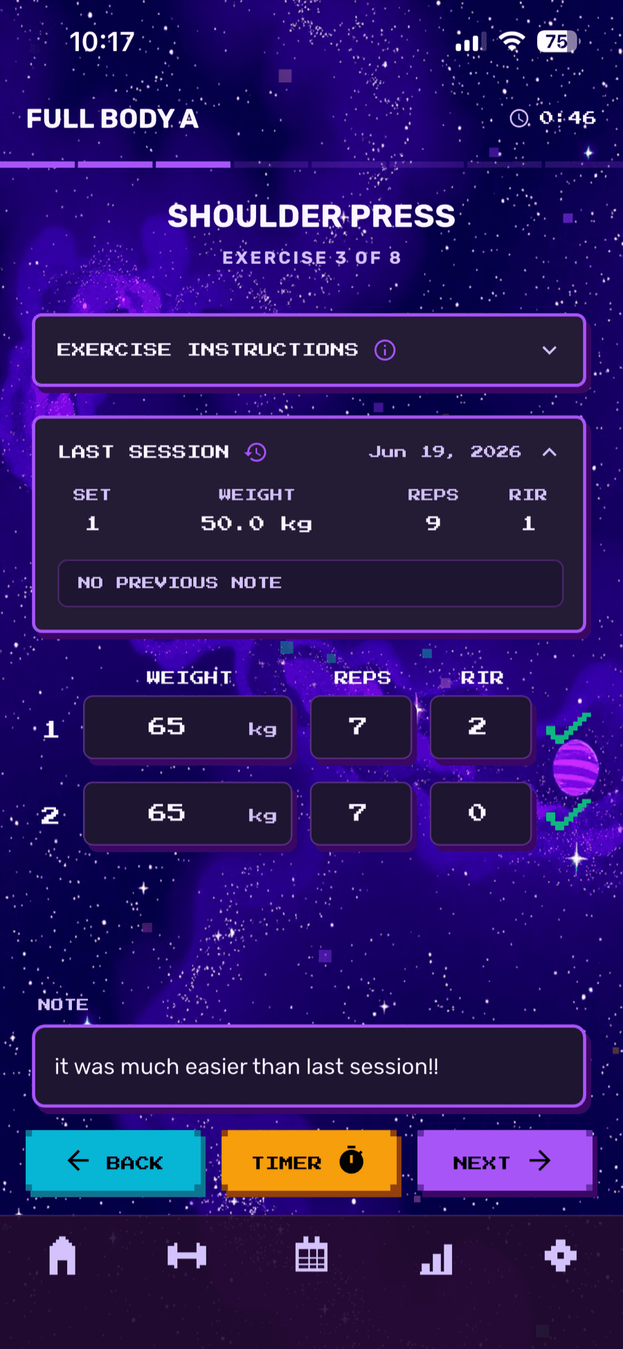 RAAV live workout — logging weight, reps and intensity set by set