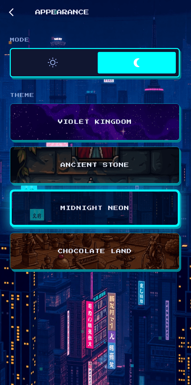 RAAV appearance settings — pick a theme world and switch light or dark mode