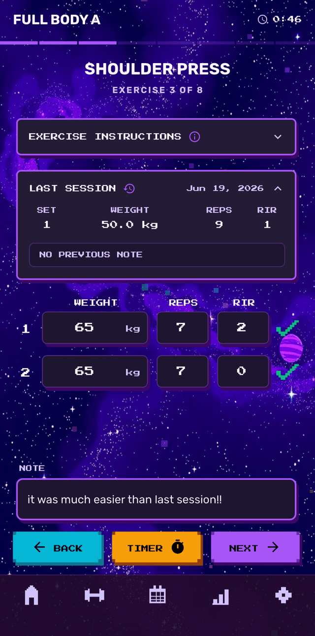 RAAV workout screen logging sets of shoulder press with last-session numbers