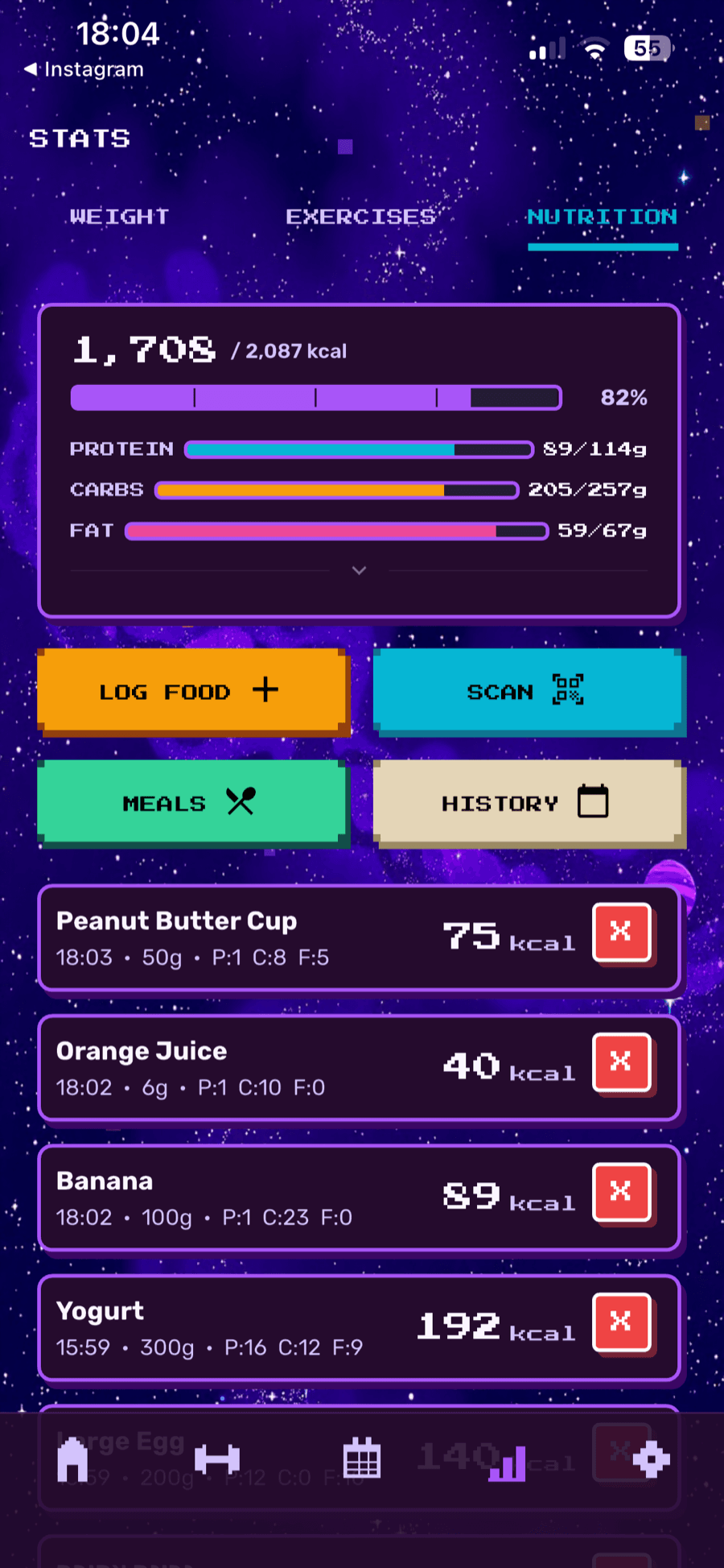 RAAV nutrition dashboard showing calories and macro progress