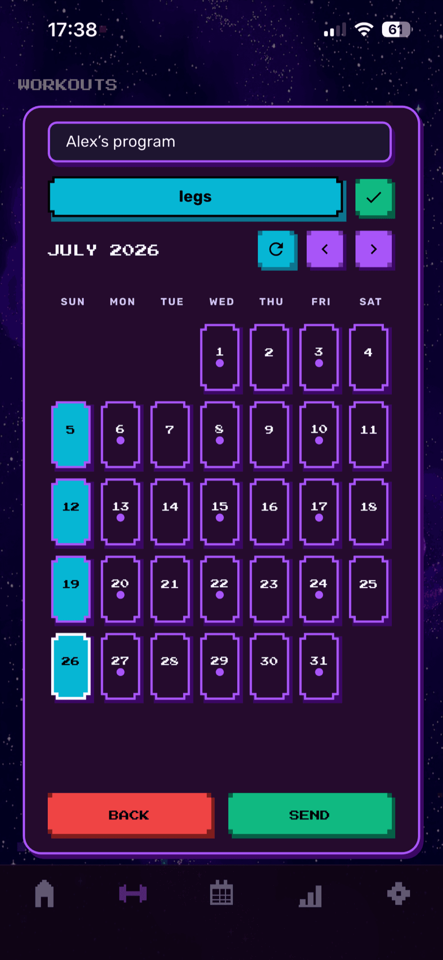 RAAV send-program screen — choose workouts and schedule them on the calendar